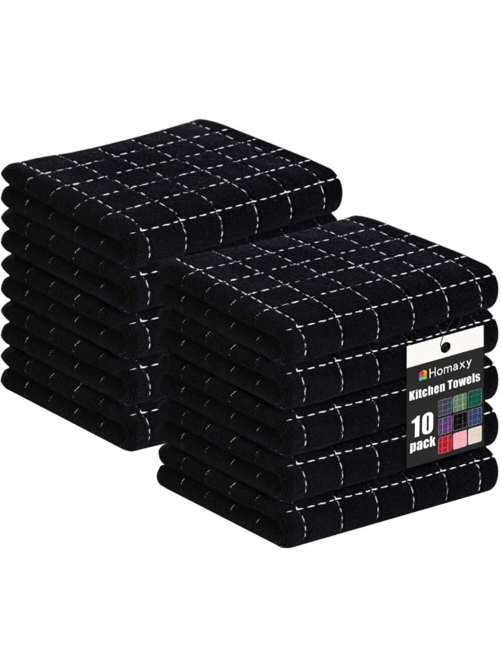 100% Cotton Terry Kitchen Towels, 10 Pack - Absorbent, Durable, Black Color